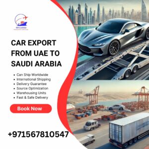 A transport truck loaded with cars, ready for export from Dubai to Saudi Arabia, symbolizing reliable car export services.