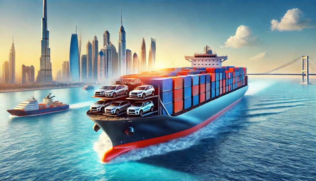 Cargo ship transporting cars from Dubai to Turkey across blue waters, with Dubai’s skyline and Turkey’s coastline in the background.