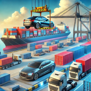 Logistics of car cargo transport from Dubai to Russia, featuring a car being loaded onto a container ship in a busy shipping yard, emphasizing reliable vehicle shipping solutions.