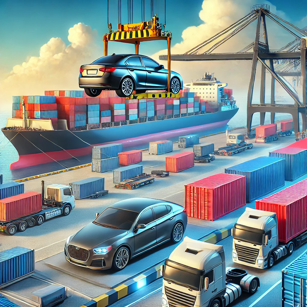 Logistics of car cargo transport from Dubai to Russia, featuring a car being loaded onto a container ship in a busy shipping yard, emphasizing reliable vehicle shipping solutions.