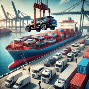 A car being loaded onto a cargo ship for transport from Jumeirah to Russia.