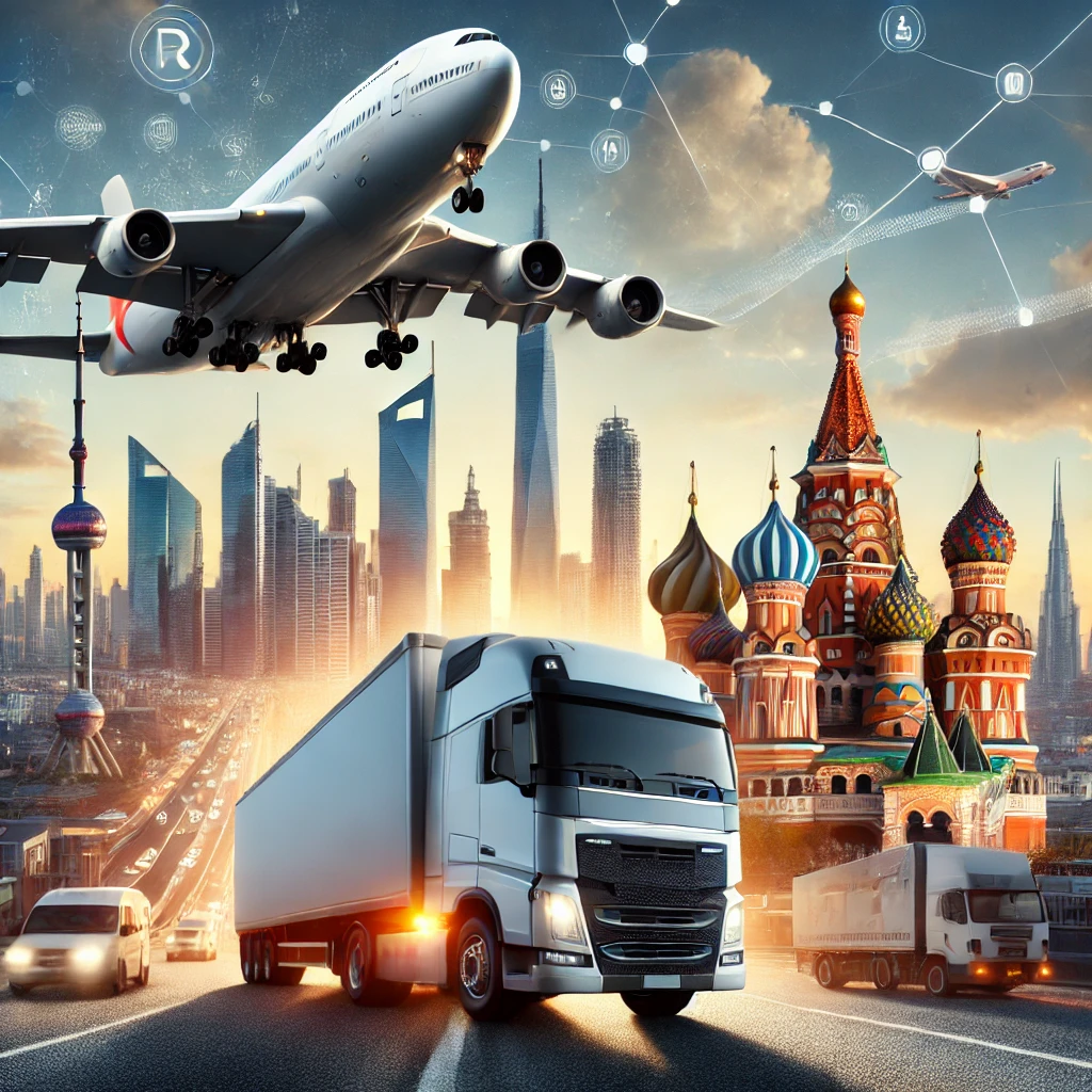 Door-to-door cargo services from Dubai to Russia, showcasing the shipping process including packing, transport, and delivery.