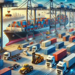 Cargo shipping from Dubai to Moscow, featuring a large container ship being loaded with containers in a busy shipping yard.