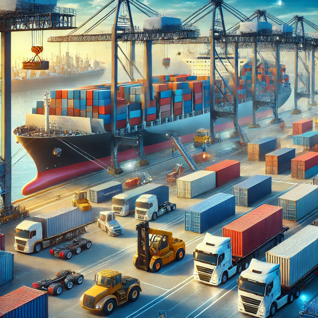 Cargo shipping from Dubai to Moscow, featuring a large container ship being loaded with containers in a busy shipping yard.