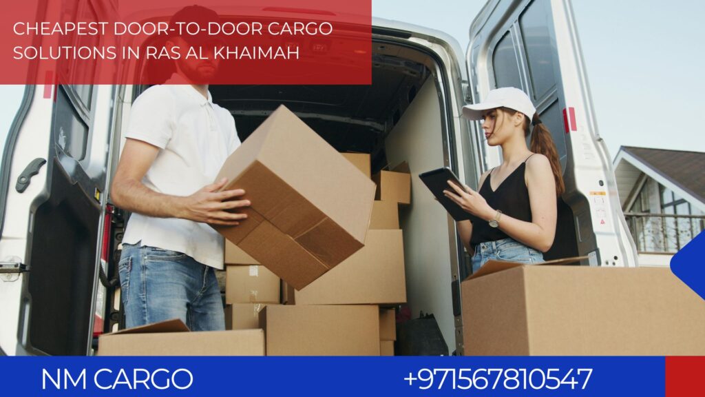 Affordable door-to-door cargo service in Ras Al Khaimah with a delivery truck in front of a residential building.