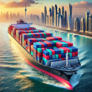 Container shipping services from Dubai to Russia via sea freight, with a fully loaded cargo ship.