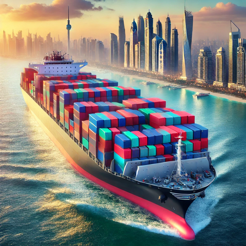 Container shipping services from Dubai to Russia via sea freight, with a fully loaded cargo ship.