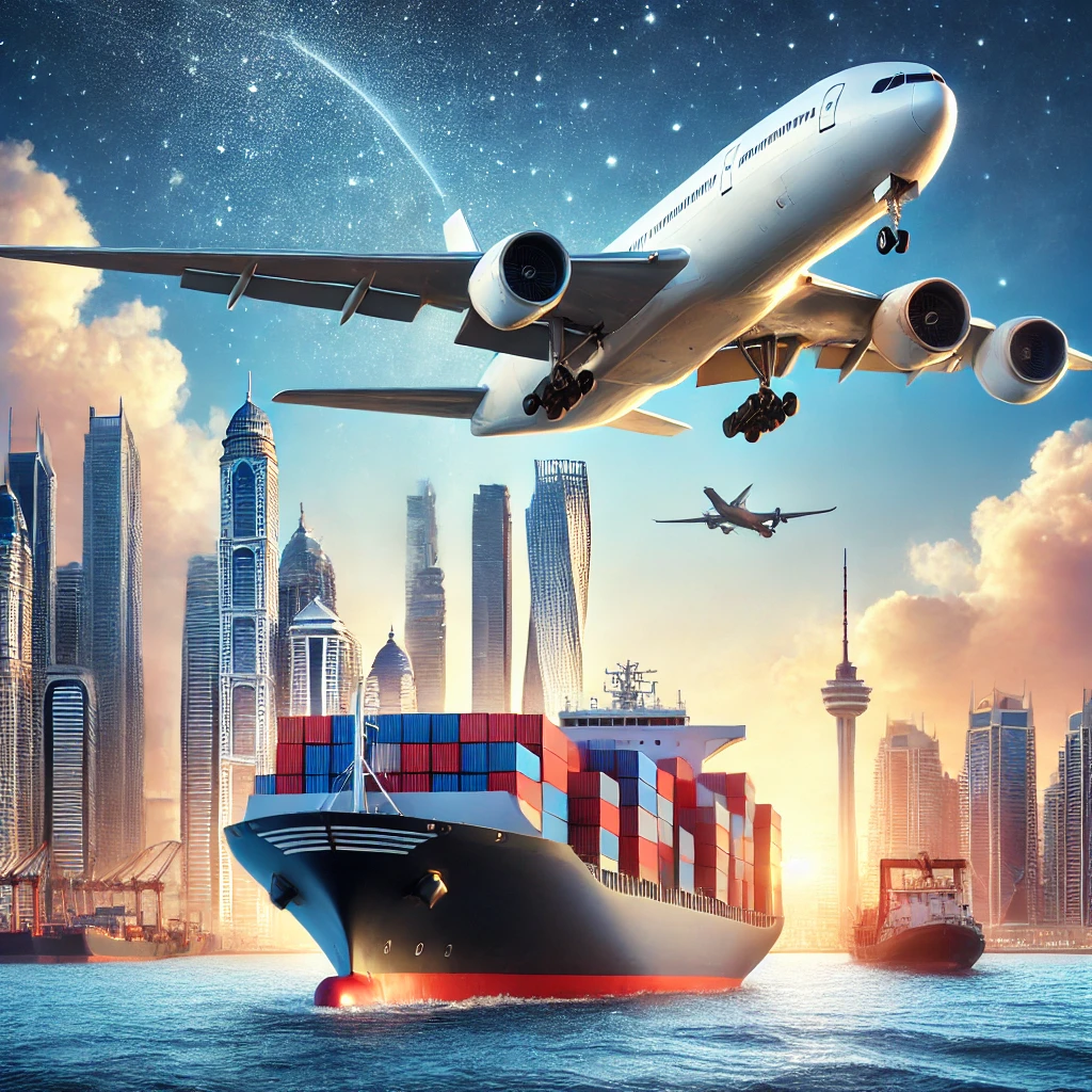 Freight services between Dubai and Russia with a cargo ship and airplane symbolizing global transport.
