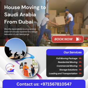 A moving truck parked outside a modern home in Dubai, ready to transport household items to Saudi Arabia, representing seamless relocation services.