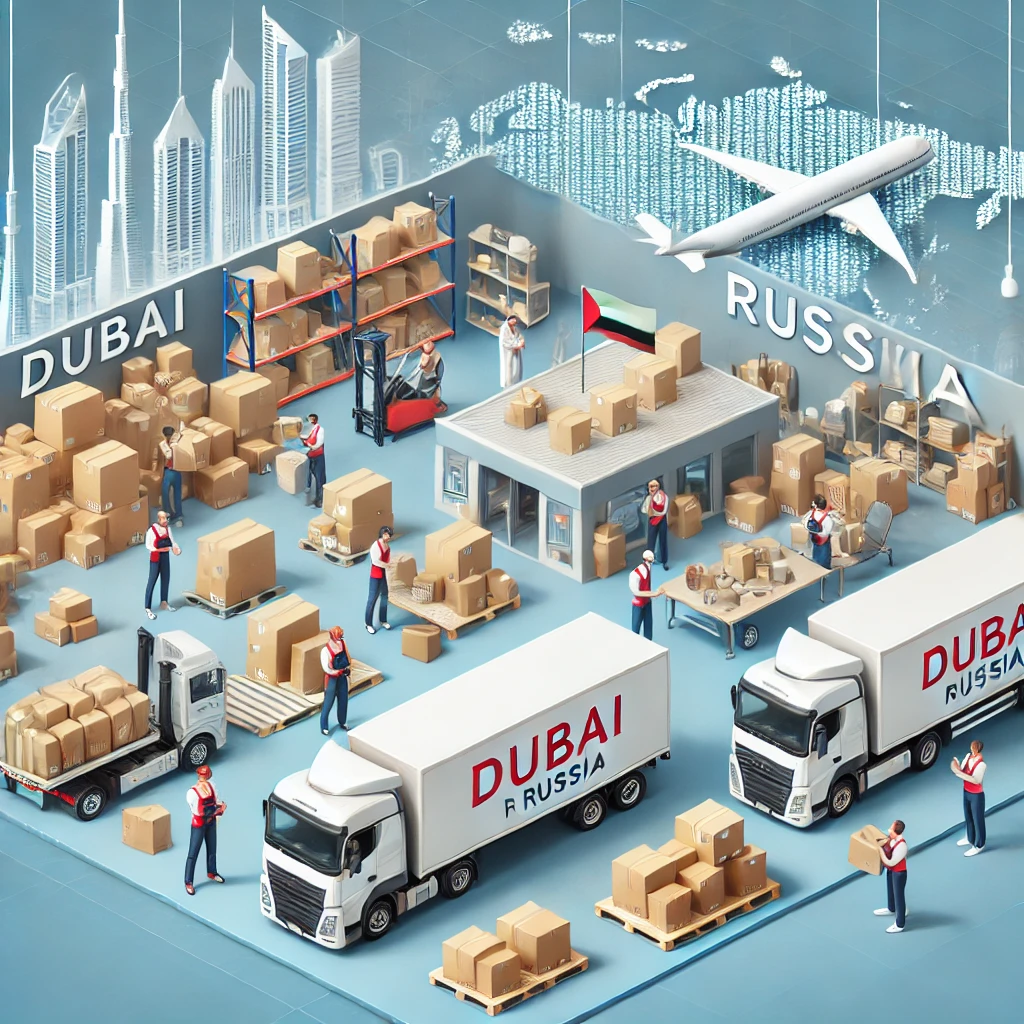 Professional packing and moving services from Dubai to Russia with cargo transport and customs clearance.