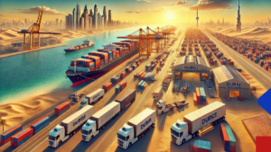 Truck en route for reliable freight service between Dubai and Saudi Arabia.