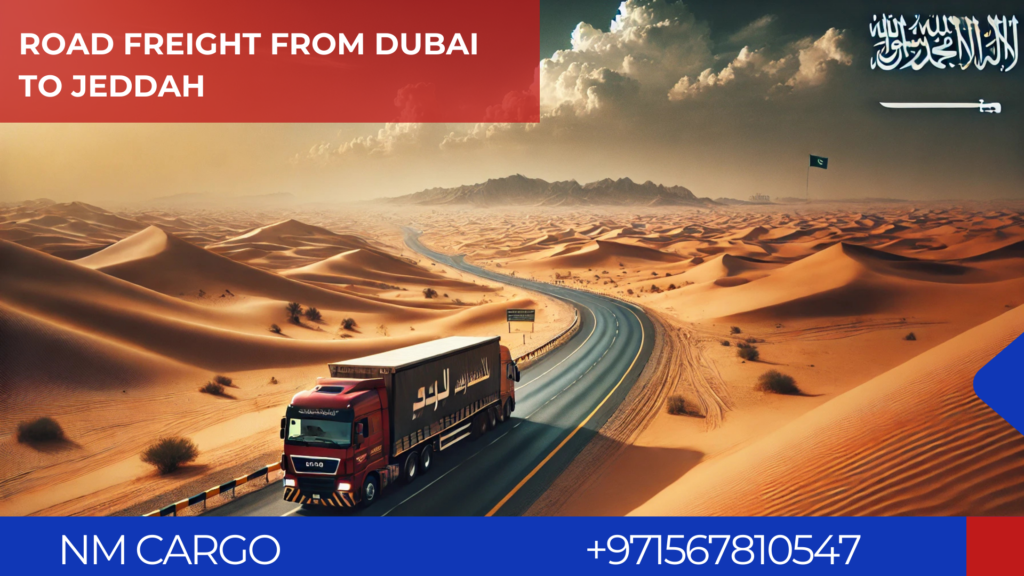Road freight transport truck on a highway from Dubai to Jeddah